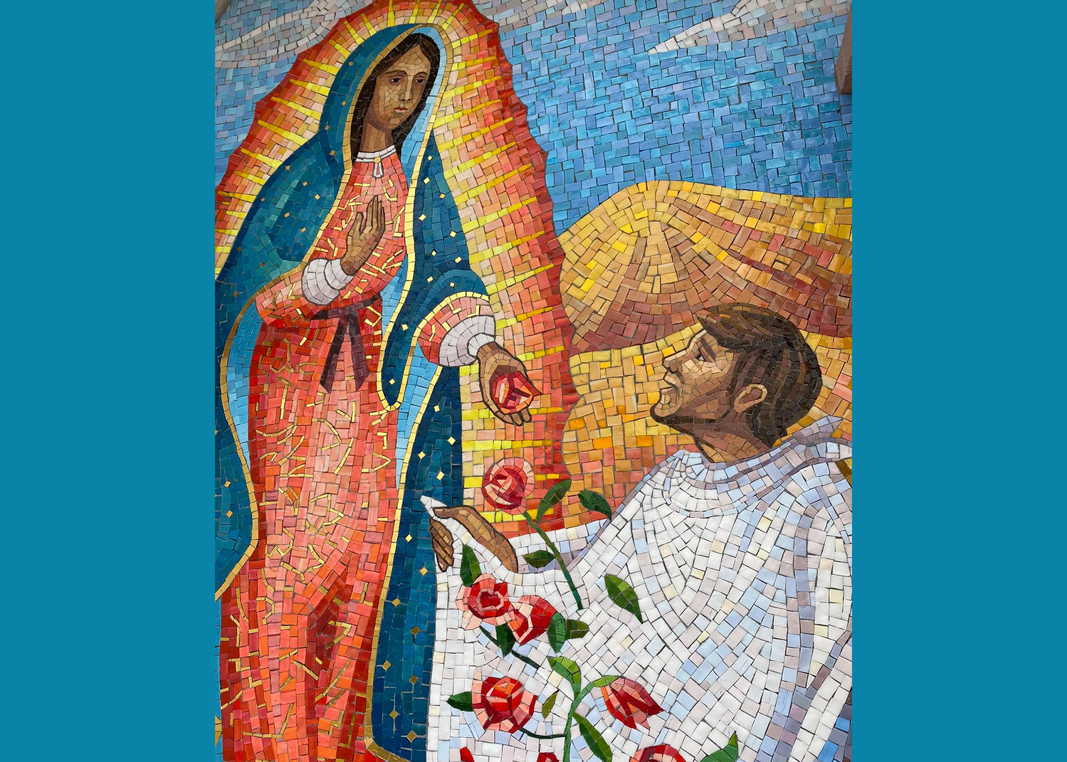 A mosaic depicts Our Lady of Guadalupe giving St. Juan Diego roses at a Guadalupe shrine at St. Juan Diego Catholic Church in Pasadena, Texas, Dec. 13, 2021.